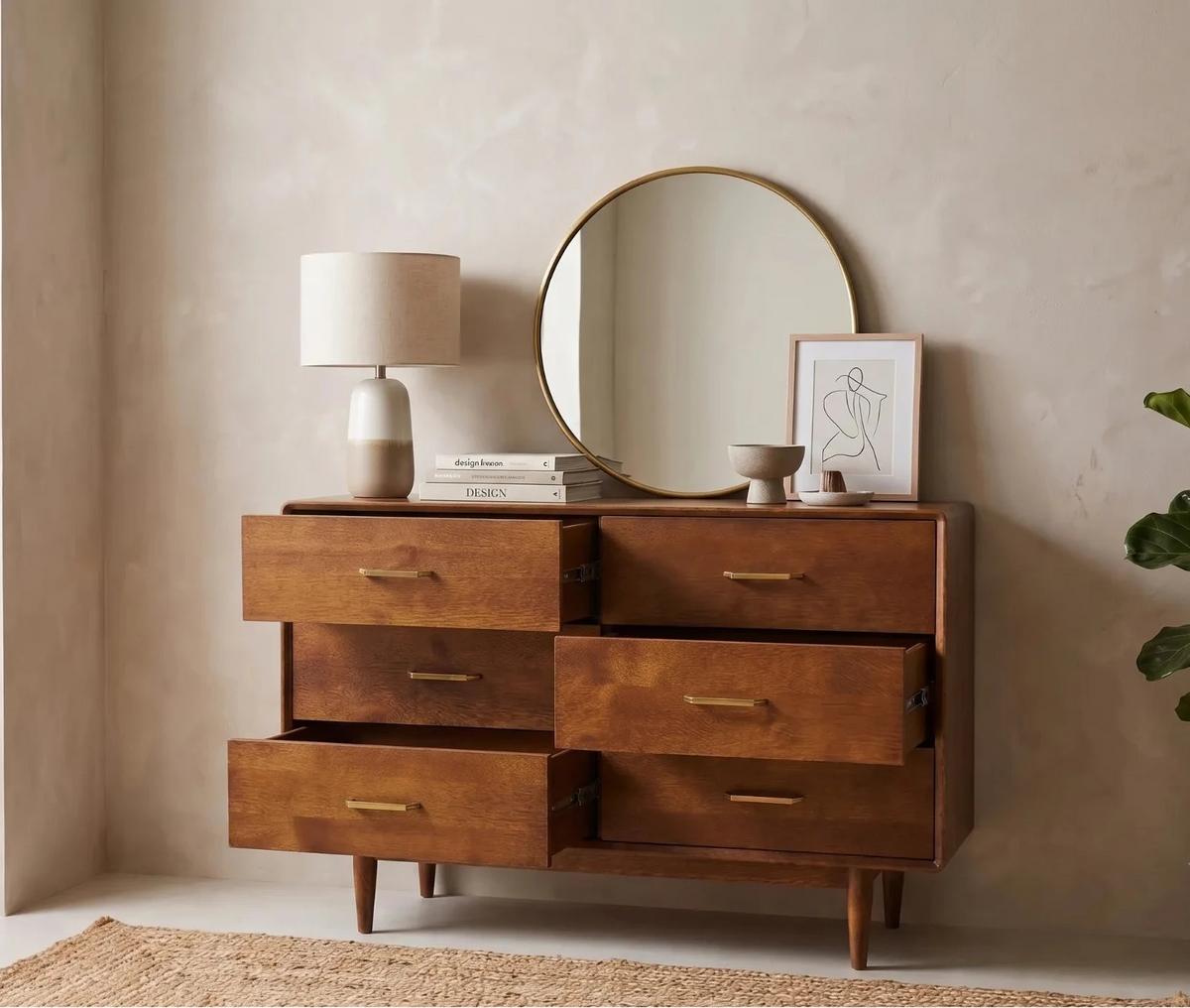 A mid-century modern wooden dresser with six drawers, styled in a warm room setting with a round gold-framed mirror, a table lamp, a small framed print, and a potted fiddle-leaf fig plant.
