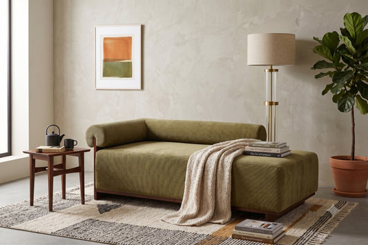 Mid-Century Modern Asymmetrical Solid Teak and Ribbed Velvet Chaise Lounge