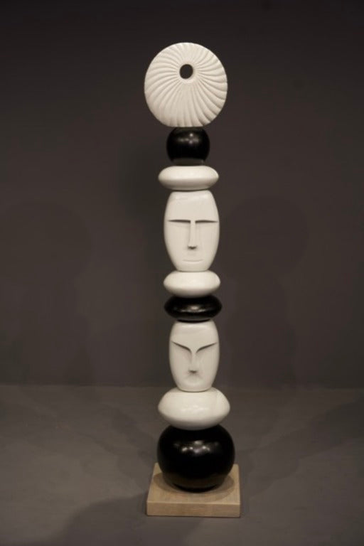 Modern Faces Hand-Carved Totem Sculpture