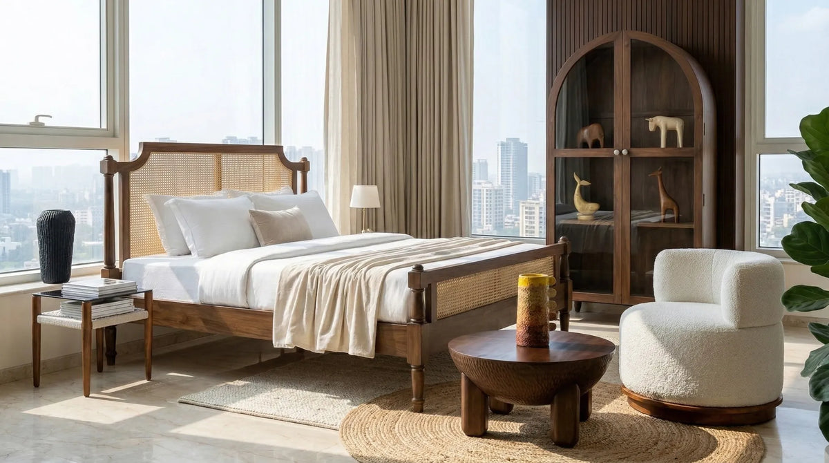 A styled bedroom interior featuring a wooden bed frame with a woven cane headboard, dressed in white and beige linens with wooden bedside with glass top and cotton rope weave for display of books. The room has large windows with a city skyline view, beige curtains, a dark wood arched cabinet, wooden decor items such as animal figurines including wooden elephant, deer, horse and whale, a white armchair, and a round wooden coffee table with sustainable handmade papermache vase (papier mache) on a jute rug.
