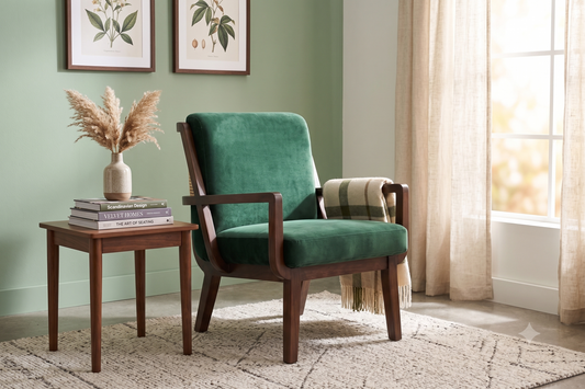 Teak Wood & Emerald Velvet Accent Chair with Rattan Back