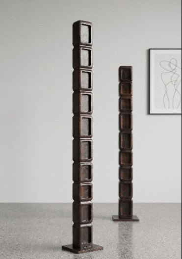 Hand-Carved Geometric Mango Wood Pillar Totem / Sculpture