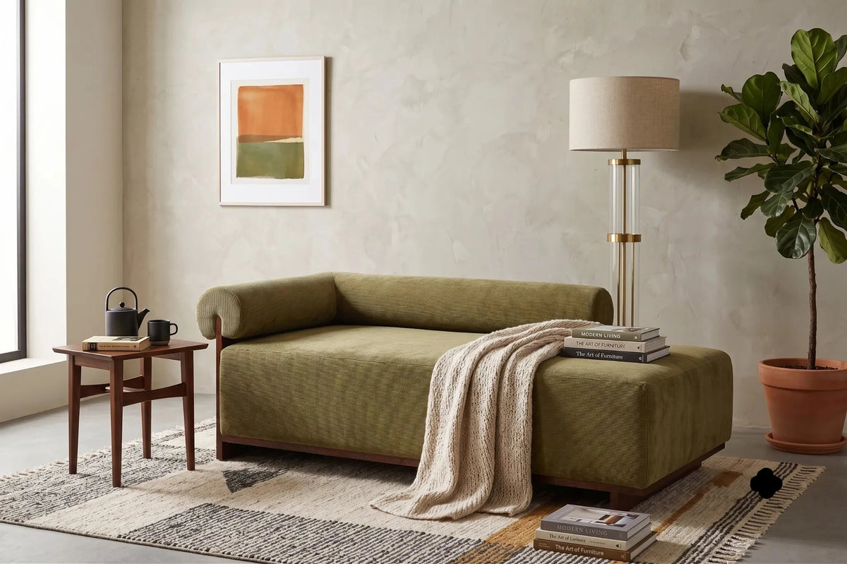 An olive green upholstered chaise lounge set in a modern, neutral-toned living room. The lounge features a textured fabric and a cream throw blanket draped over the chaise, with a small wooden side table, a floor lamp, and a potted fiddle-leaf fig plant nearby.