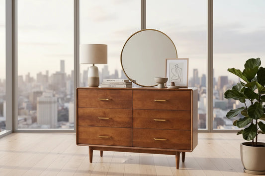 A mid-century modern wooden dresser with six drawers and brass handles, styled in a warm beige room with a round gold-framed mirror, a table lamp, books, and a potted fiddle-leaf fig plant.
