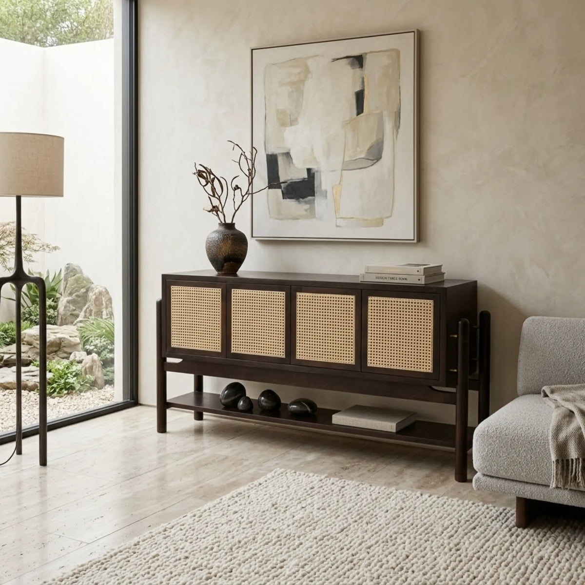 Modern Acacia & Cane 4-Door Credenza