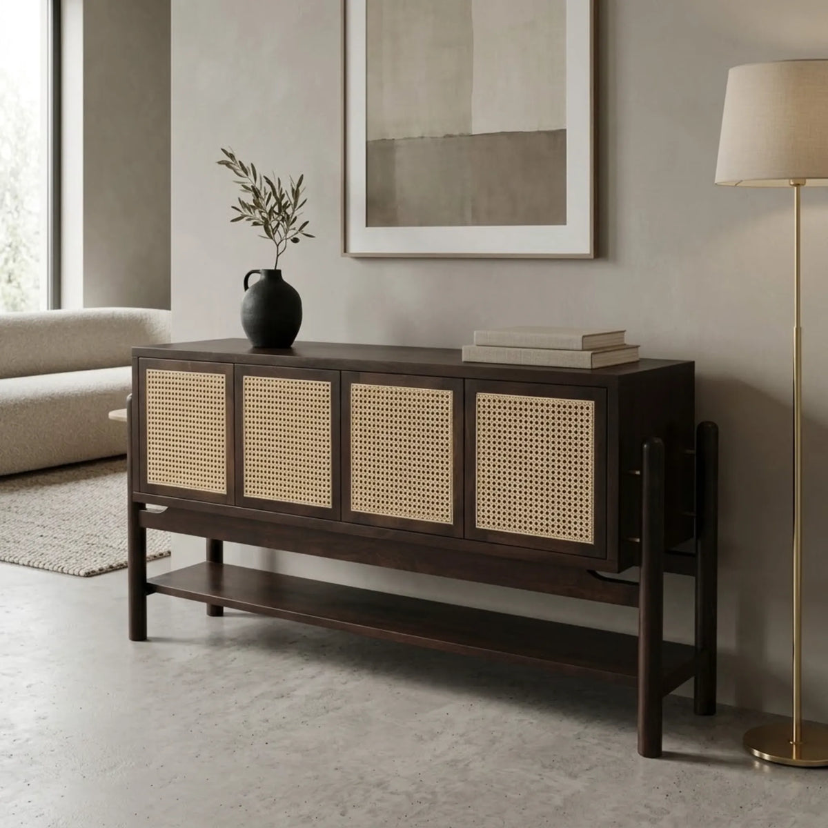 Modern Acacia & Cane 4-Door Credenza