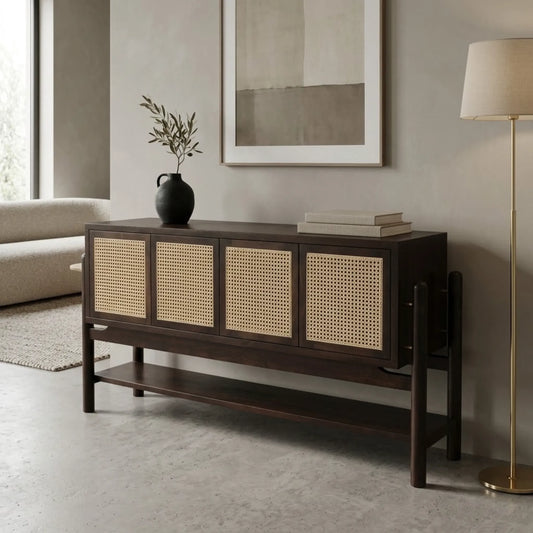 Modern Acacia & Cane 4-Door Credenza