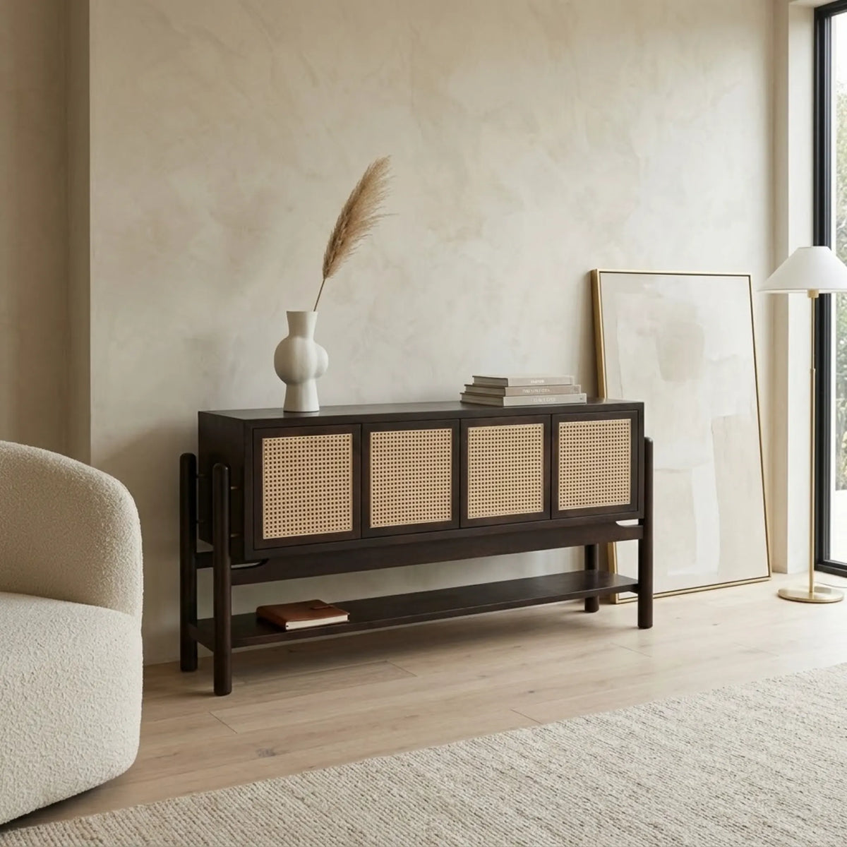 Modern Acacia & Cane 4-Door Credenza