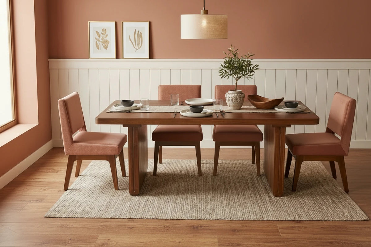A rectangular wooden dining table set with two upholstered dining chairs, white plates, and glassware, placed on a woven jute rug in a minimalist dining room setting.