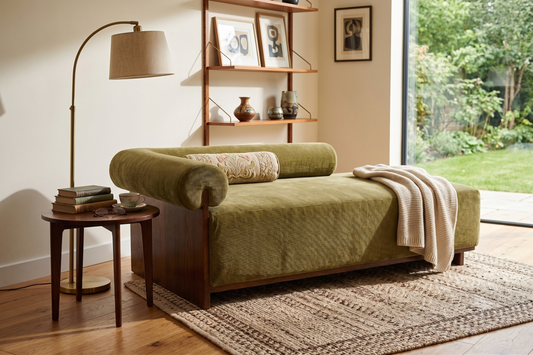 Mid-Century Modern Asymmetrical Solid Teak and Ribbed Velvet Chaise Lounge