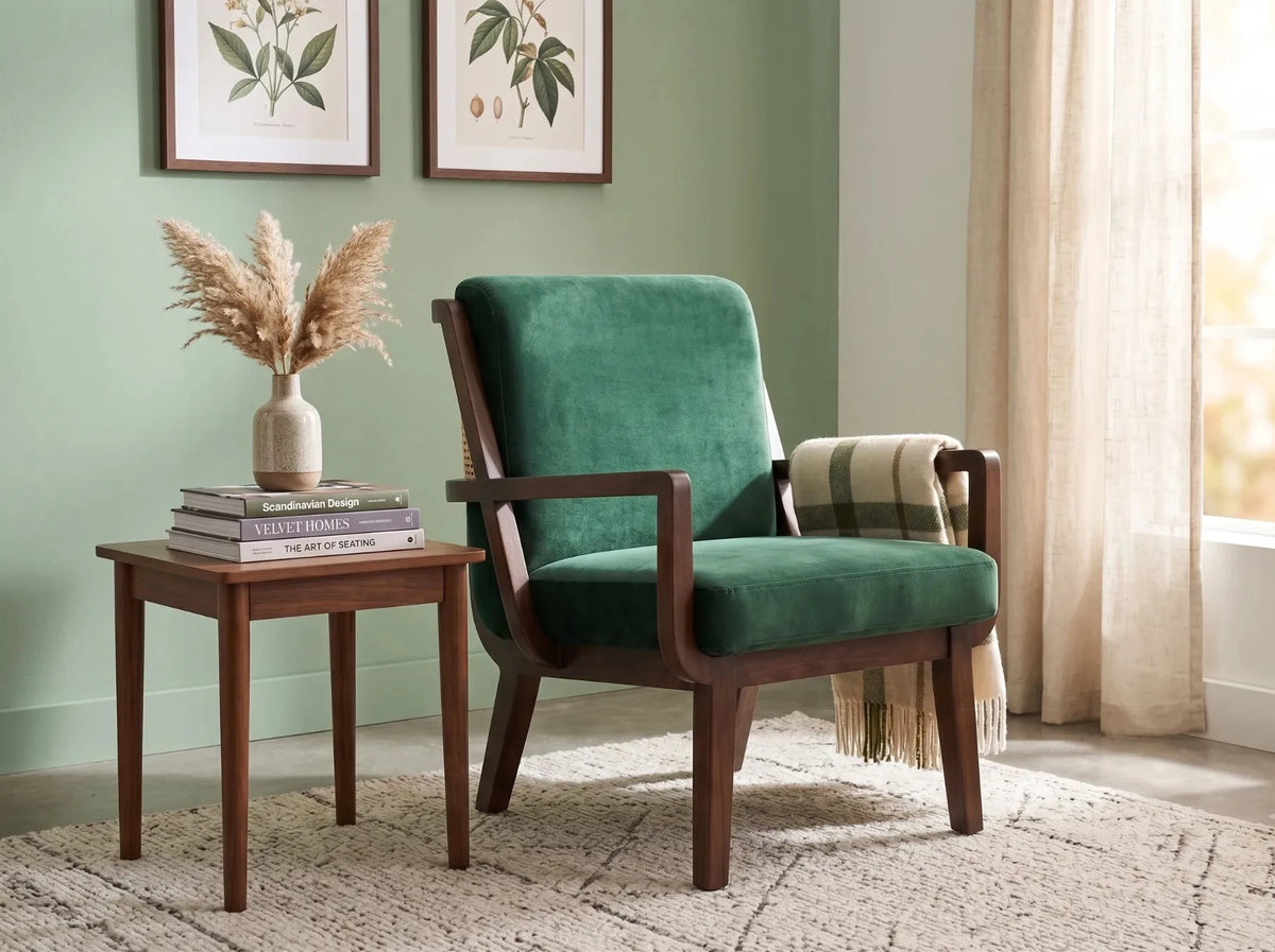 A mid-century modern accent chair with deep green velvet upholstery and a dark wood frame, styled in a room next to a matching wooden side table with books and pampas grass.