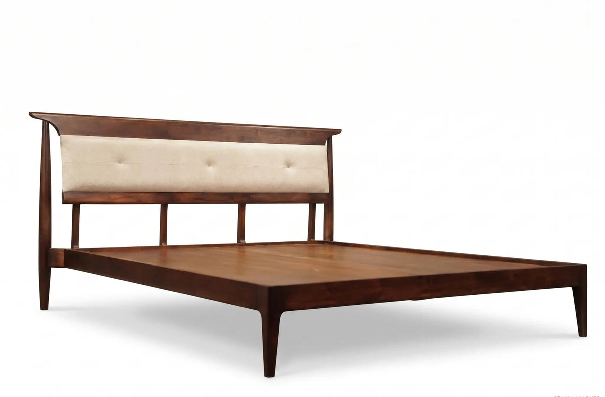 Mid-century modern wooden bed frame with a dark brown wood finish, featuring a tufted cream upholstered headboard and matching footboard, shown on a white background.