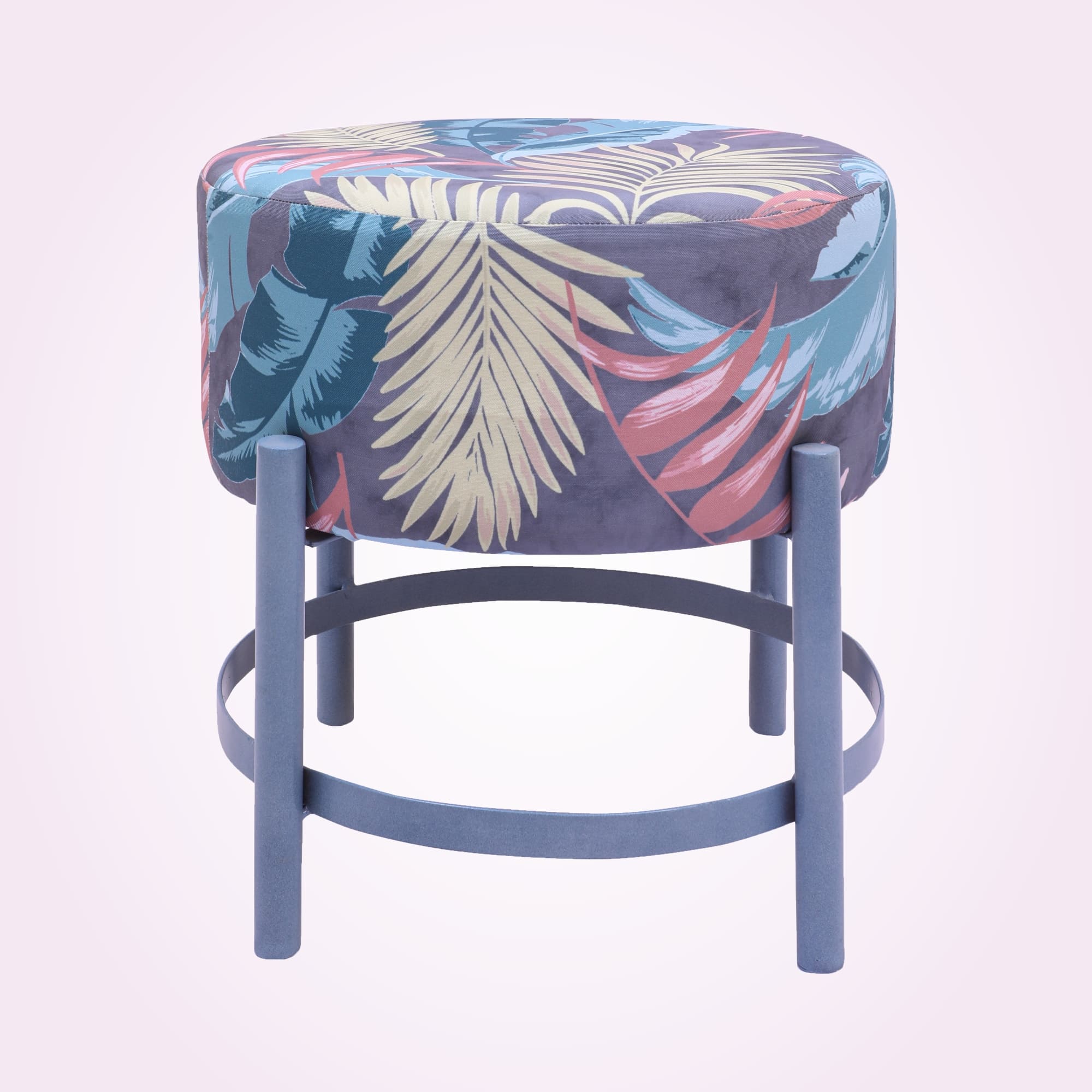 Customized polyster fabric round shape and polish iron stand pouf (40*40*46 cm)
