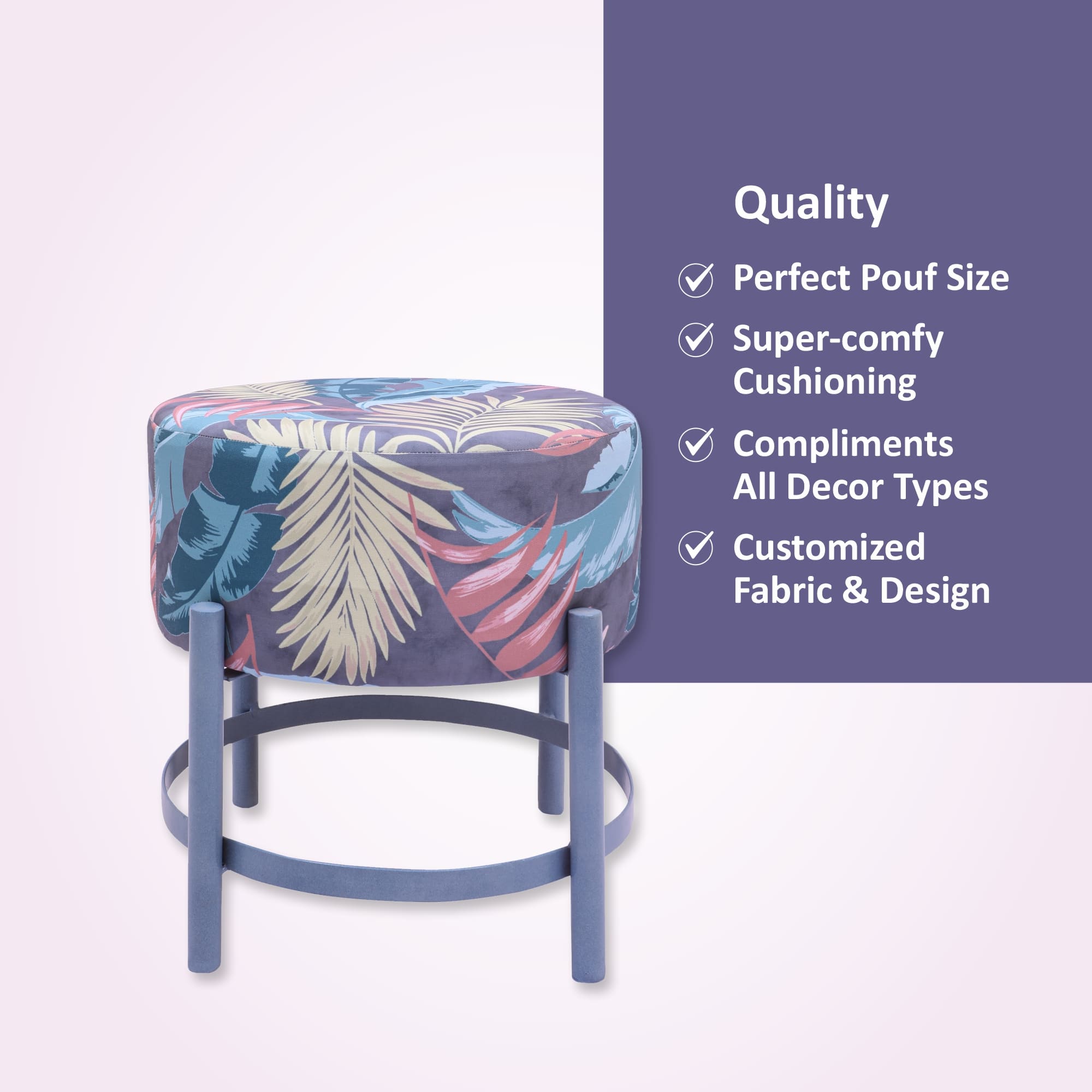 Customized polyster fabric round shape and polish iron stand pouf (40*40*46 cm) - Image 6